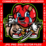 Heartless Scar Face Broken Gangster Heart Tears In Eyes Holding Cash Money Bags Knife Hip Hop Rap Rapper Plug Trap Street Hood Ghetto Thug Hustler Hustling Drip Savage Boss Famous Hustle Art Graphic Design Print Printing Vector SVG Cut File
