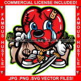 Heartless Scar Face Broken Gangster Heart Tears In Eyes Holding Cash Money Bags Knife Hip Hop Rap Rapper Plug Trap Street Hood Ghetto Thug Hustler Hustling Drip Savage Boss Famous Hustle Art Graphic Design Print Printing Vector SVG Cut File
