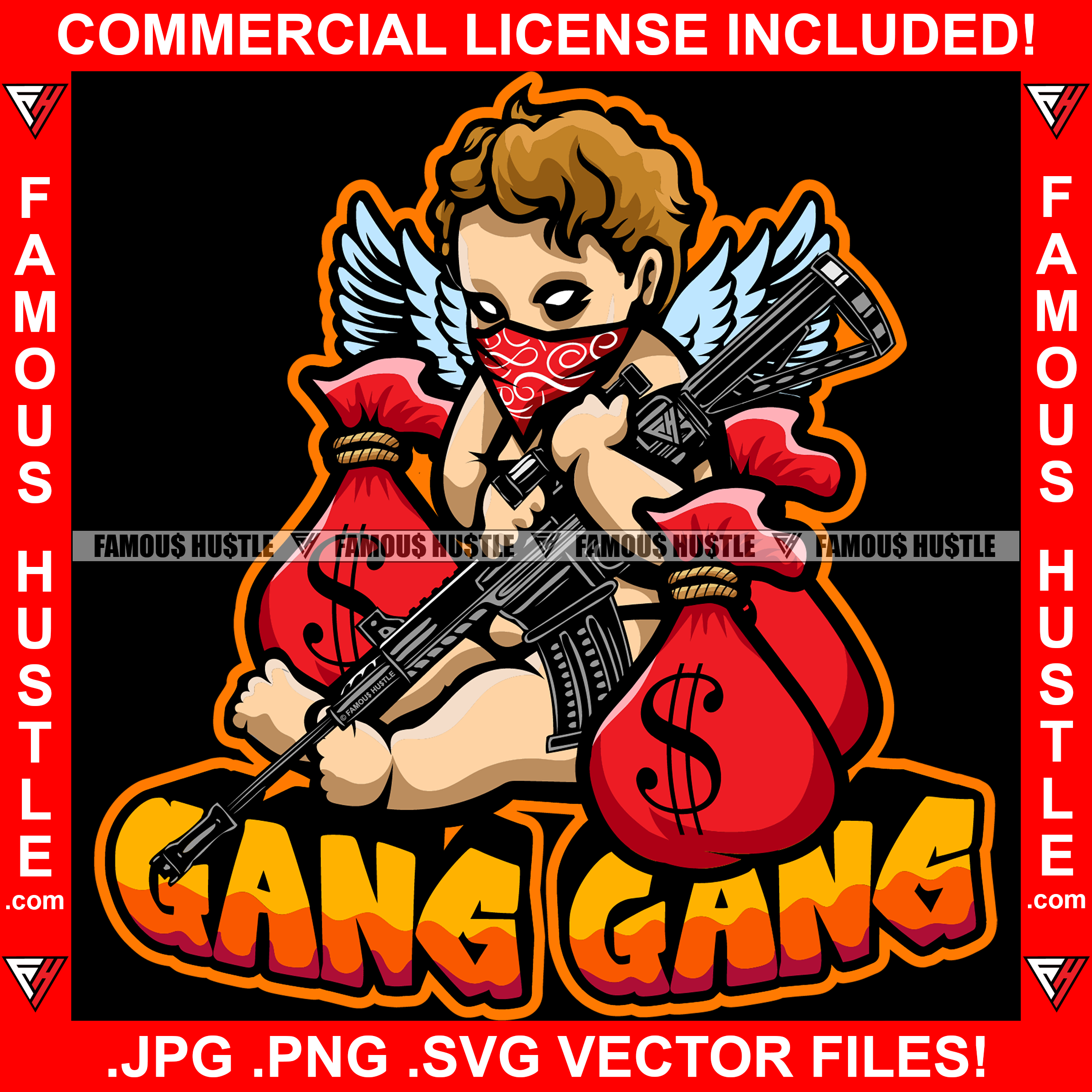 Gang Gang Baby Hustle Gangster Statue Angel Wings Red Face Bandanna Machine Gun Cash Money Bags Body Tattoo Hip Hop Rap Rapper Plug Trap Street Hood Ghetto Thug Boss Drip Quote Art Graphic Design Logo T-Shirt Print Printing JPG PNG SVG Vector Cut File
