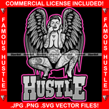 Hustle Sexy Gangster Pinup Girl Woman Lingerie Panties Female Full Body Tattoo Finger In Mouth Lady Angel Wings Pin Up Girl Hip Hop Rap Trending Designer Fashion Quote Art Graphic Design Logo T-Shirt Print Printing JPG PNG SVG Vector Cut File