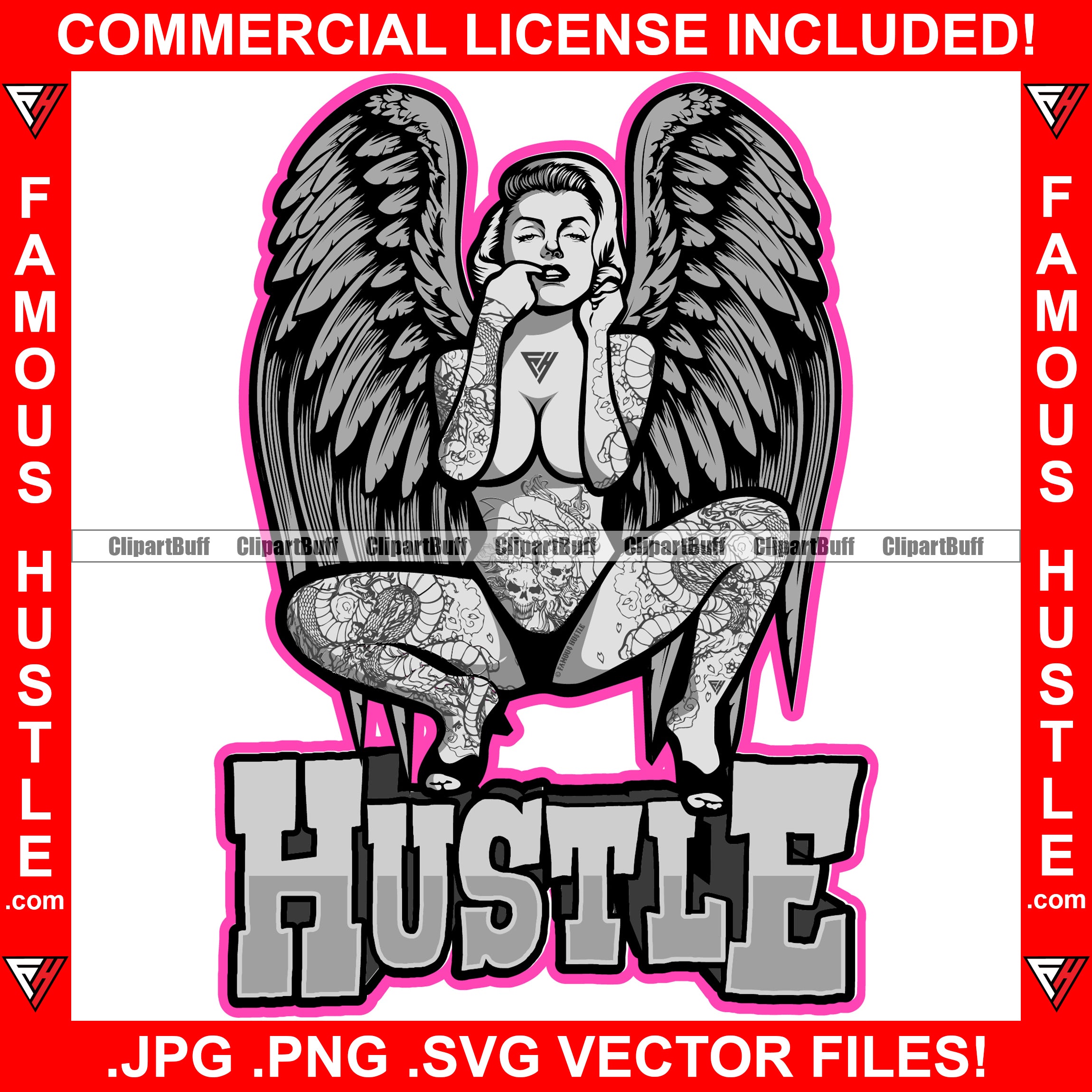 Hustle Sexy Gangster Pinup Girl Woman Lingerie Panties Female Full Body Tattoo Finger In Mouth Lady Angel Wings Pin Up Girl Hip Hop Rap Trending Designer Fashion Quote Art Graphic Design Logo T-Shirt Print Printing JPG PNG SVG Vector Cut File