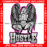 Hustle Sexy Gangster Pinup Girl Woman Lingerie Panties Female Full Body Tattoo Finger In Mouth Lady Angel Wings Pin Up Girl Hip Hop Rap Trending Designer Fashion Quote Art Graphic Design Logo T-Shirt Print Printing JPG PNG SVG Vector Cut File