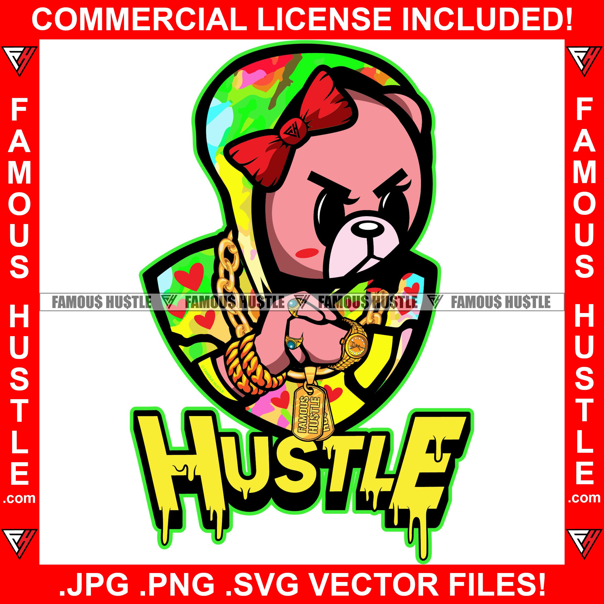 Hustle Female Gangster Teddy Bear Mean Face Heart Hoodie Gold Necklace Jewelry Dripping Red Bow Hooded Drip Swag Plug Trap Hood Woman Thug Girl Gang Street Lady Famous Quote Art Graphic Design Logo T-Shirt Print Printing JPG PNG SVG Vector Cut File