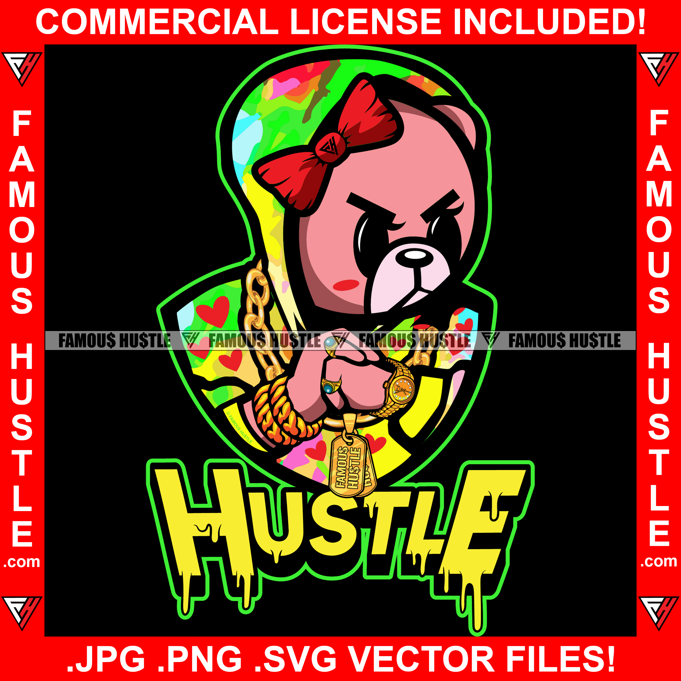 Hustle Female Gangster Teddy Bear Mean Face Heart Hoodie Gold Necklace Jewelry Dripping Red Bow Hooded Drip Swag Plug Trap Hood Woman Thug Girl Gang Street Lady Famous Quote Art Graphic Design Logo T-Shirt Print Printing JPG PNG SVG Vector Cut File