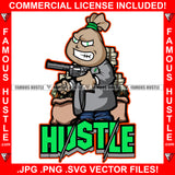 Hustle Gangster Money Bag Cartoon Character Angry Face Machine Gun Cash Stack Street Tattoo Hip Hop Rap Hustler Drip Plug Trap Hood Thug Gang Street Mafia Mob Famous Hustle Quote Art Graphic Design Logo T-Shirt Print Printing JPG PNG SVG Vector Cut File