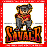 Savage Gangster Teddy Bear Head Bandanna Black Glasses Dollar Sign Earrings Machine Gun Thug Hitman Gold Necklace Jewelry Hustler Hustling Mafia Mob Trap Trapper Quote Art Graphic Design Logo T-Shirt Print Printing JPG PNG SVG Vector Cut File