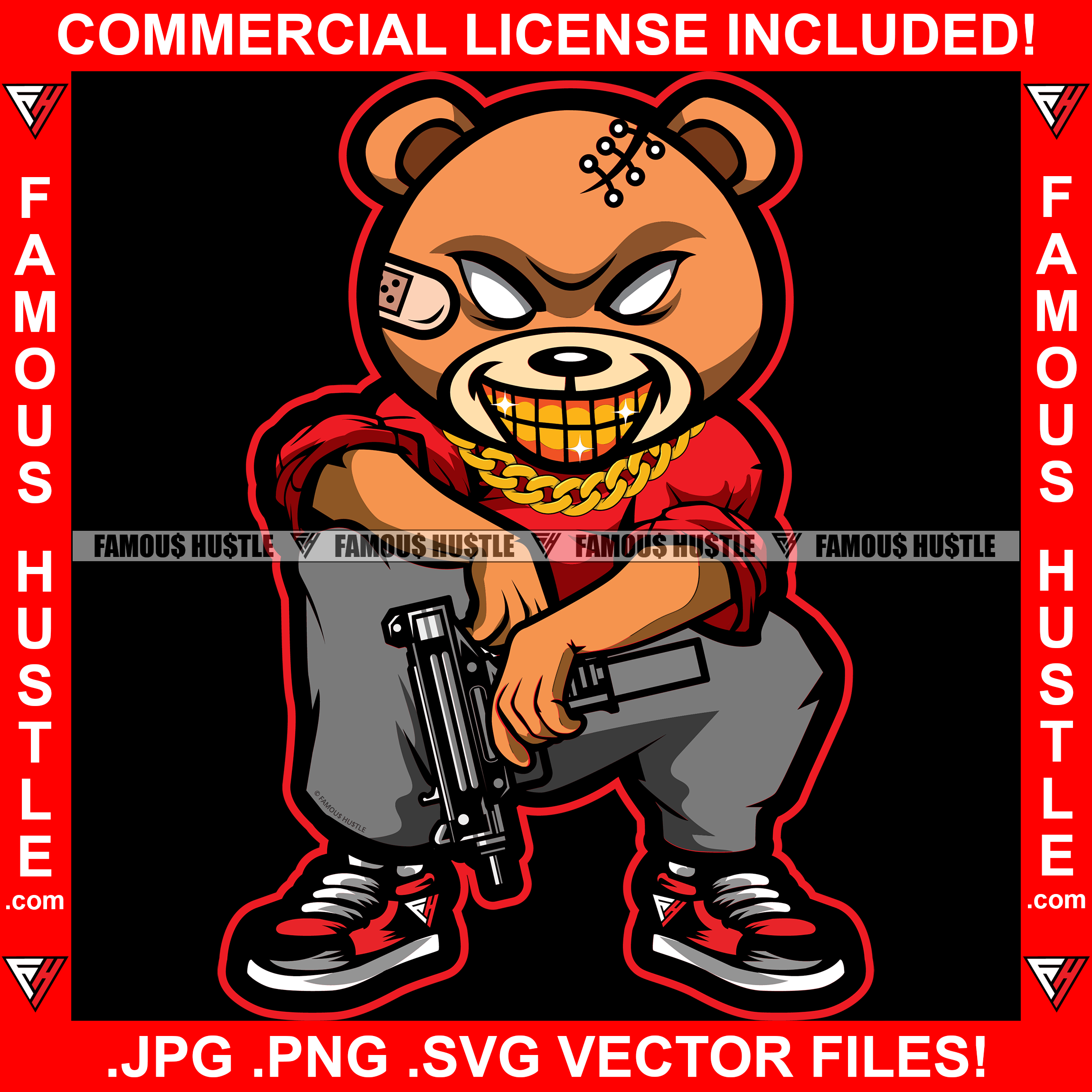 Gangster Teddy Bear Gold Teeth Chain Necklace Stitches Head Machine Gun Hip Hop Rap Rapper Plug Trap Street Hood Ghetto Swag Thug Hustler Drip Savage Boss Famous Hustle Rich Art Graphic Design Logo T-Shirt Print Printing JPG PNG SVG Vector Cut File