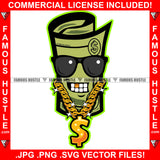 Gangster 100 Dollar Bill Money Roll Mean Face Gold Tooth Jewelry Dollar Sign Necklace Cash Sunglasses Hip Hop Rap Hustler Drip Plug Trap Hood Tattoo Cartoon Character Ghetto Art Graphic Design Logo Print Printing Vector SVG Cut File