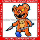 Famous Hustle Horror Gangster Teddy Bear Holding Butcher Knife Bloody Gold Necklace Staples Scar Face Sharp Teeth Tattoo Hustler Boss Drip Swag Hustler Hustling Art Graphic Design Logo T-Shirt Print Printing JPG PNG SVG Vector Cut File