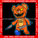 Famous Hustle Horror Gangster Teddy Bear Holding Butcher Knife Bloody Gold Necklace Staples Scar Face Sharp Teeth Tattoo Hustler Boss Drip Swag Hustler Hustling Art Graphic Design Logo T-Shirt Print Printing JPG PNG SVG Vector Cut File