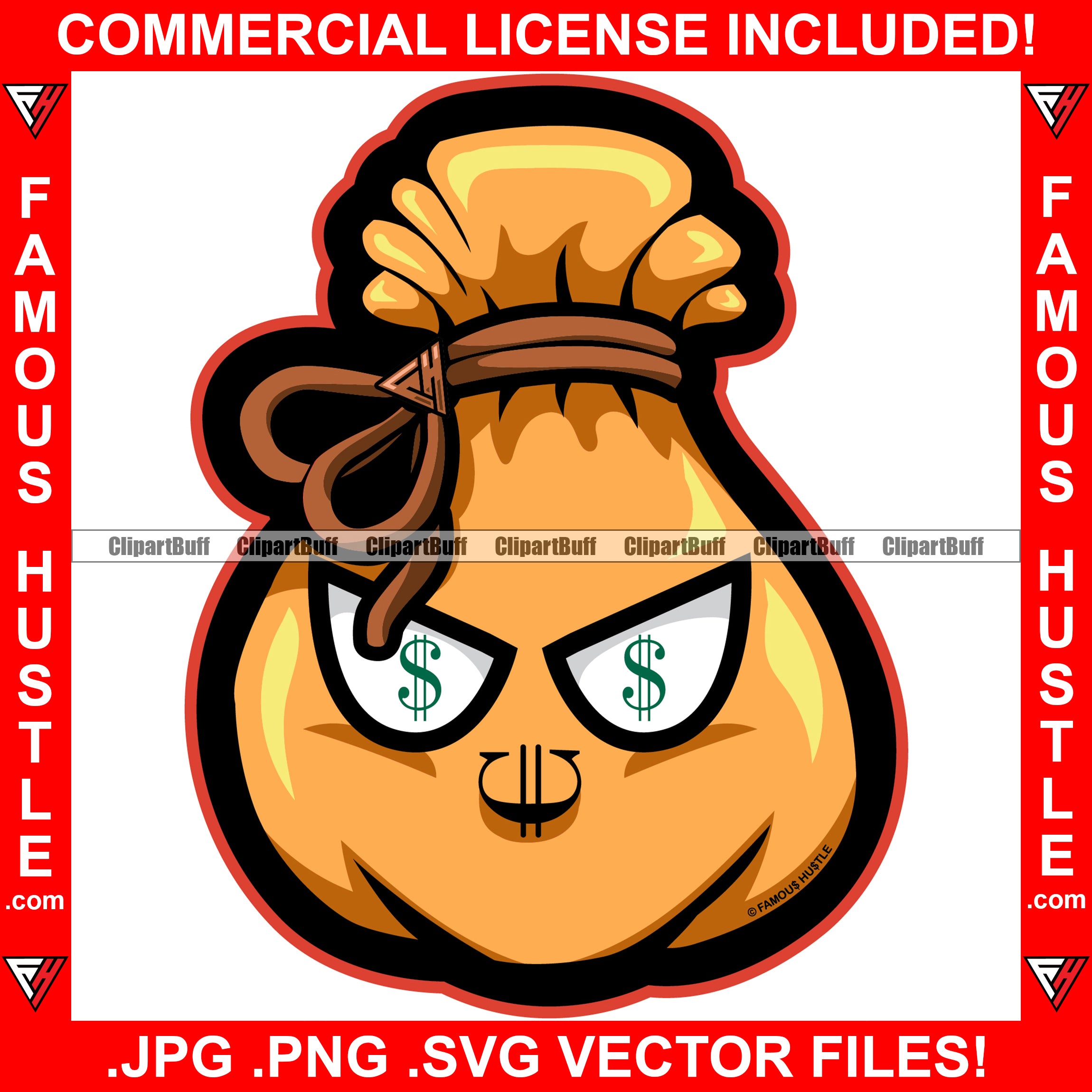 Cash Money Bag Cartoon Character Dollar Sign Eyes Famous Hustle Tattoo Hip Hop Rap Rapper Plug Trap Street Hood Ghetto Swag Dope Baller Trapper Hustling Hustler Art Graphic Design Logo T-Shirt Print Printing JPG PNG SVG Vector Cut File