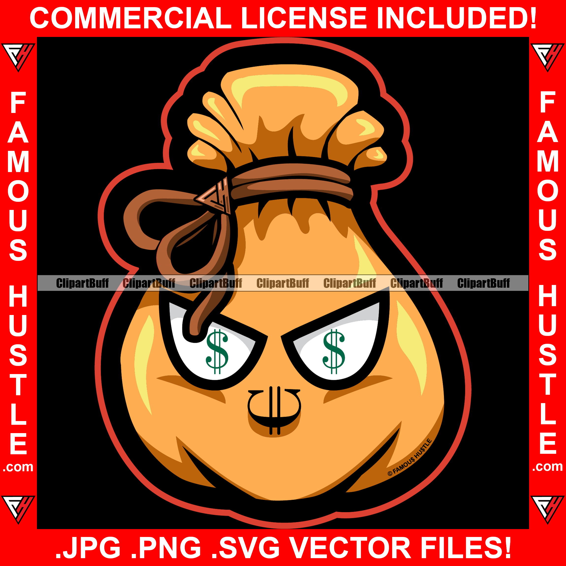 Cash Money Bag Cartoon Character Dollar Sign Eyes Famous Hustle Tattoo Hip Hop Rap Rapper Plug Trap Street Hood Ghetto Swag Dope Baller Trapper Hustling Hustler Art Graphic Design Logo T-Shirt Print Printing JPG PNG SVG Vector Cut File