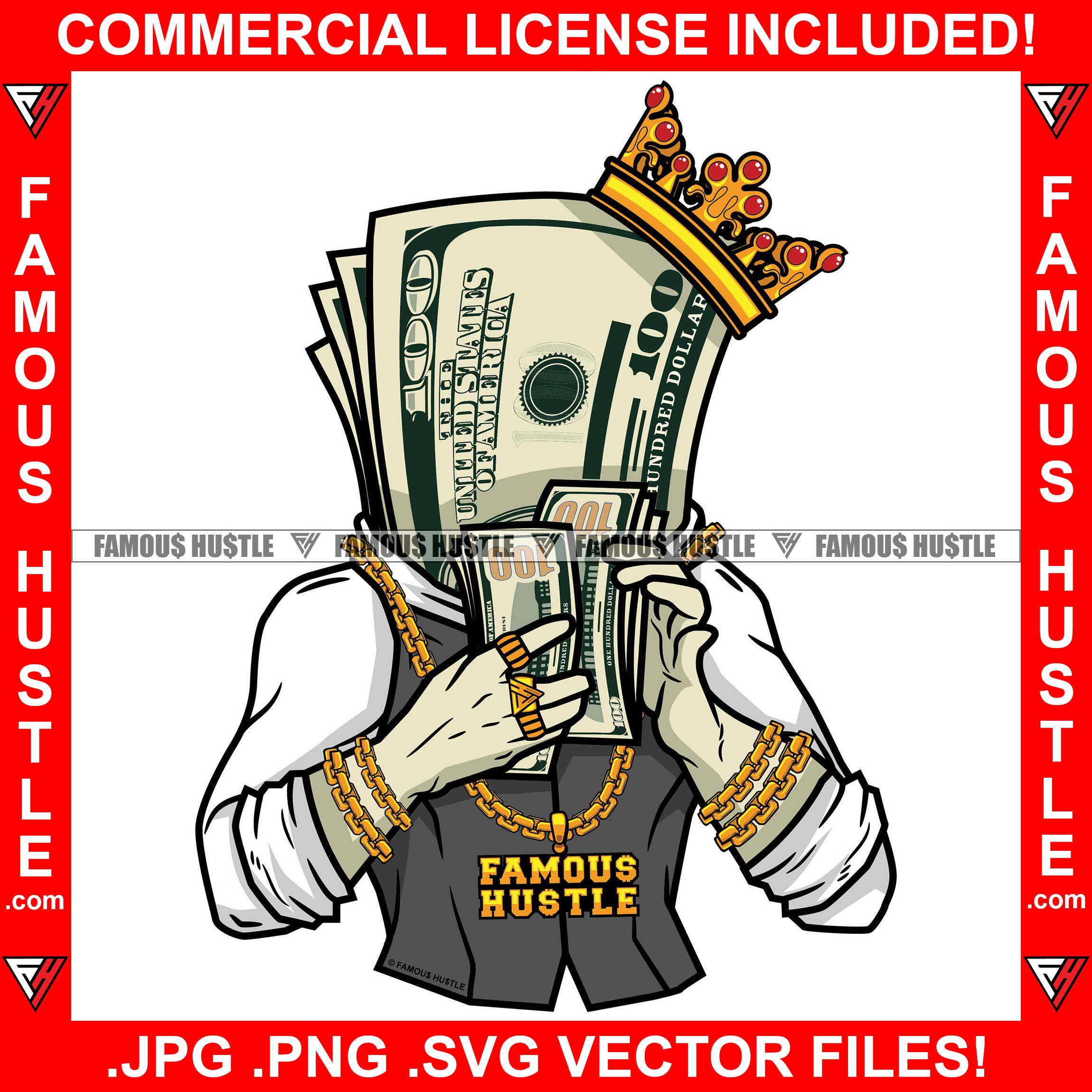 Famous Hustle $100 Bill Money King Cartoon Character Wearing Crown Business Suit Gold Jewelry Counting Cash Hip Hop Rap Plug Trap Hustler Stepper Sauce Dope Mafi Mob Street Gang Art Graphic Design Logo T-Shirt Print Printing JPG PNG SVG Vector Cut File