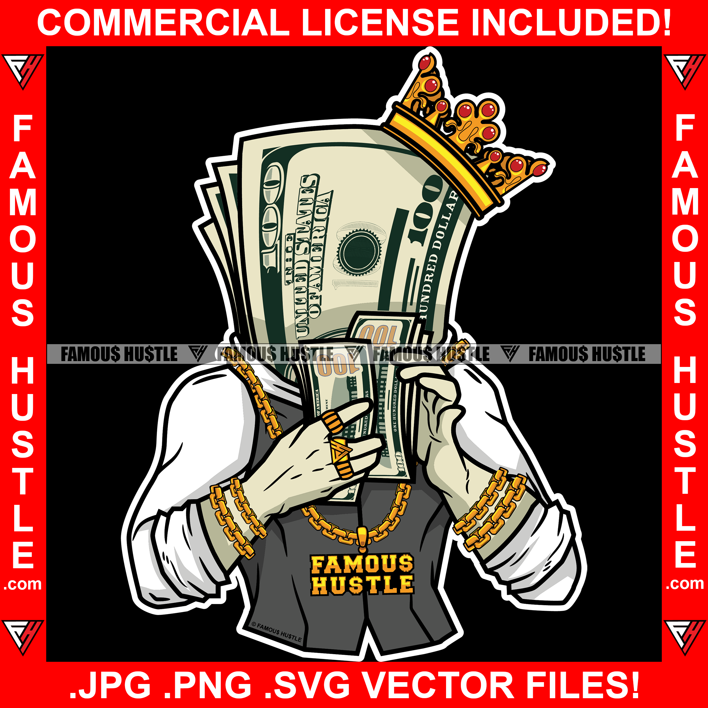 Famous Hustle $100 Bill Money King Cartoon Character Wearing Crown Business Suit Gold Jewelry Counting Cash Hip Hop Rap Plug Trap Hustler Stepper Sauce Dope Mafi Mob Street Gang Art Graphic Design Logo T-Shirt Print Printing JPG PNG SVG Vector Cut File