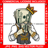 Famous Hustle $100 Bill Money King Cartoon Character Wearing Crown Business Suit Gold Jewelry Counting Cash Hip Hop Rap Plug Trap Hustler Stepper Sauce Dope Mafi Mob Street Gang Art Graphic Design Logo T-Shirt Print Printing JPG PNG SVG Vector Cut File