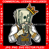 Famous Hustle $100 Bill Money King Cartoon Character Wearing Crown Business Suit Gold Jewelry Counting Cash Hip Hop Rap Plug Trap Hustler Stepper Sauce Dope Mafi Mob Street Gang Art Graphic Design Logo T-Shirt Print Printing JPG PNG SVG Vector Cut File