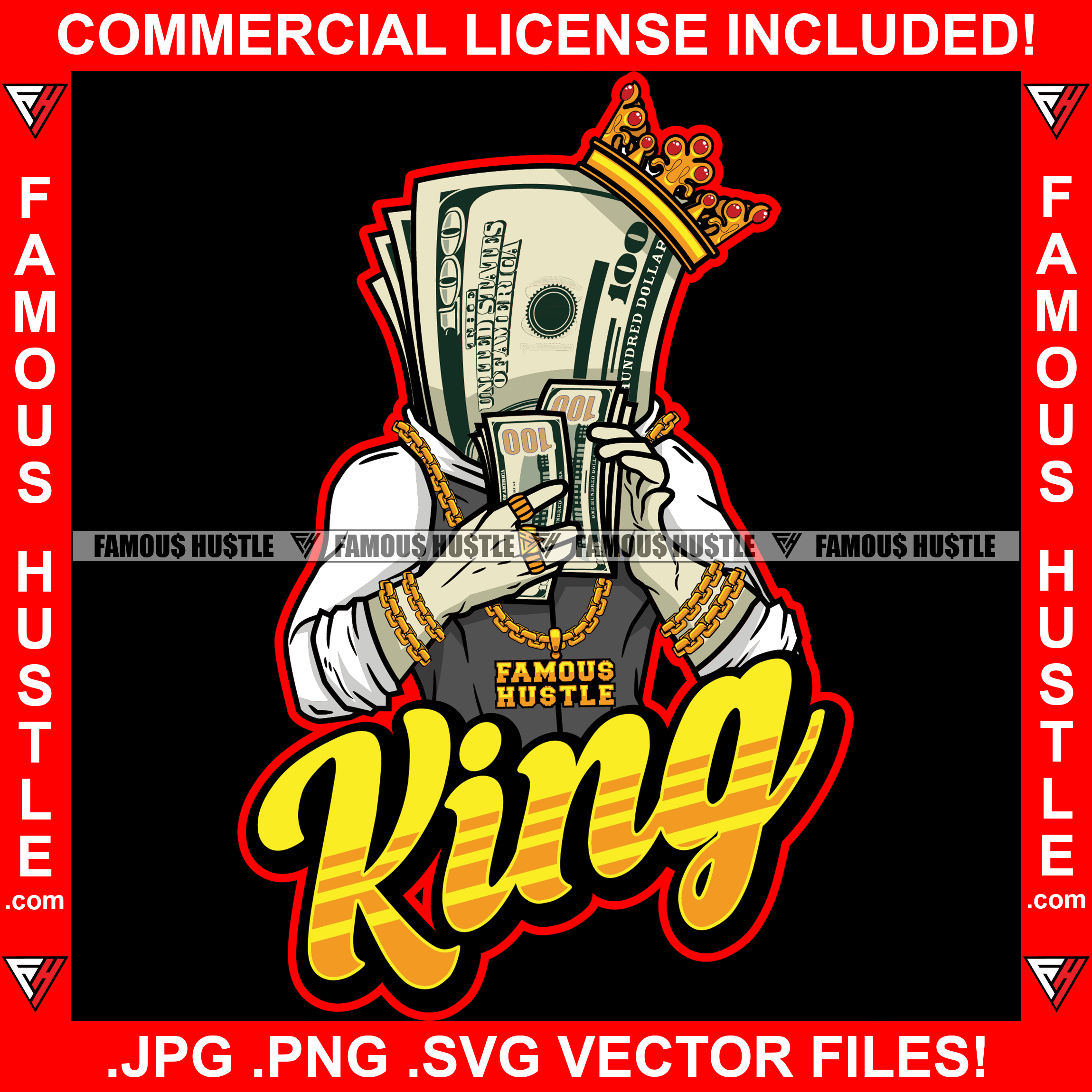 King $100 Bill Money Cartoon Character Crown Business Suit Gold Jewelry Counting Cash Tattoo Hip Hop Rap Hustler Drip Trap Hood Thug Street Mafia Mob Ghetto Famous Hustle Quote Art Graphic Design Logo T-Shirt Print Printing JPG PNG SVG Vector Cut File