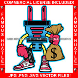 Gangsta Swag Famous Hustle Gold Electrical Plug Socket Cartoon Character Pink Sneakers Gloves Cash Money Bag Pistol Gun Hip Hop Rap Plug Trap Street Hood Ghetto Swag Thug Art Graphic Design Logo T-Shirt Print Printing JPG PNG SVG Vector Cut File