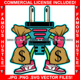 Dirty Money Electrical Plug Socket Cartoon Character Sneakers Holding Cash Bags Both Hands Hip Hop Rap Hustler Drip Trap Hood Thug Gang Street Ghetto Art Graphic Design Logo T-Shirt Print Printing JPG PNG SVG Vector Cut File