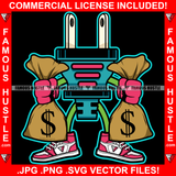 Dirty Money Electrical Plug Socket Cartoon Character Sneakers Holding Cash Bags Both Hands Hip Hop Rap Hustler Drip Trap Hood Thug Gang Street Ghetto Art Graphic Design Logo T-Shirt Print Printing JPG PNG SVG Vector Cut File