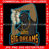 Big Dreams Gangster Black Man Ski Mask Money Stack Gold Necklace Hip Hop Rap Rapper Plug Trap Street Hood Ghetto Swag Thug Hustler Hustling Famous Hustle Baller Trapper Quote Art Graphic Design Logo T-Shirt Print Printing JPG PNG SVG Vector Cut File