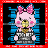 Famous Hustle Dripping Pink Female Teddy Bear Prison Mugshot Bow Gold Necklace Hip Hop Rap Rapper Plug Trap Street Hood Ghetto Swag Thug Hustler Hustling Baller Art Graphic Design Logo T-Shirt Print Printing JPG PNG SVG Vector Cut File