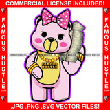 Poppin Famous Hustle Adorable Female Gangster Pink Teddy Bear Girl Cash Money Bundle Stack Gold Chain Necklace Pink Bow Trap Street Hustler Hustling Drip Rich Adorable Art Graphic Design Logo Print Printing Vector SVG Cut File