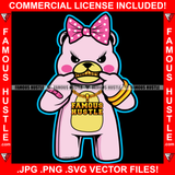 Still Got The Juice Famous Hustle Adorable Female Gangster Pink Teddy Bear Girl Showing Gold Teeth Chain Necklace Pink Bow Trap Street Hustler Hustling Drip Rich Adorable Art Graphic Design Logo Print Printing Vector SVG Cut File
