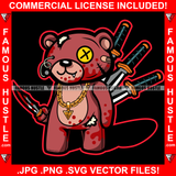 Street Justice Famous Hustle Cute Gangster Horror Teddy Bear Scar Face Torn Broken Staples Patches Gold Jewelry Head Stapled Patched Stuff Coming Out Knife In Back Tattoo Hip Hop Rap Trap Art Graphic Design Logo Print Printing Vector SVG Cut File