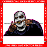 Gangster Wearing White Ski Mask Fingers In Mouth Showing Gold Teeth Grill Gang Member Tattoos Hip Hop Rap Rapper Plug Trap Street Hood Ghetto Swag Thug Hustler Boss Famous Rich Art Graphic Design Logo T-Shirt Print Printing JPG PNG SVG Vector Cut File