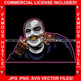 Gangster Wearing White Ski Mask Fingers In Mouth Showing Gold Teeth Grill Gang Member Tattoos Hip Hop Rap Rapper Plug Trap Street Hood Ghetto Swag Thug Hustler Boss Famous Rich Art Graphic Design Logo T-Shirt Print Printing JPG PNG SVG Vector Cut File