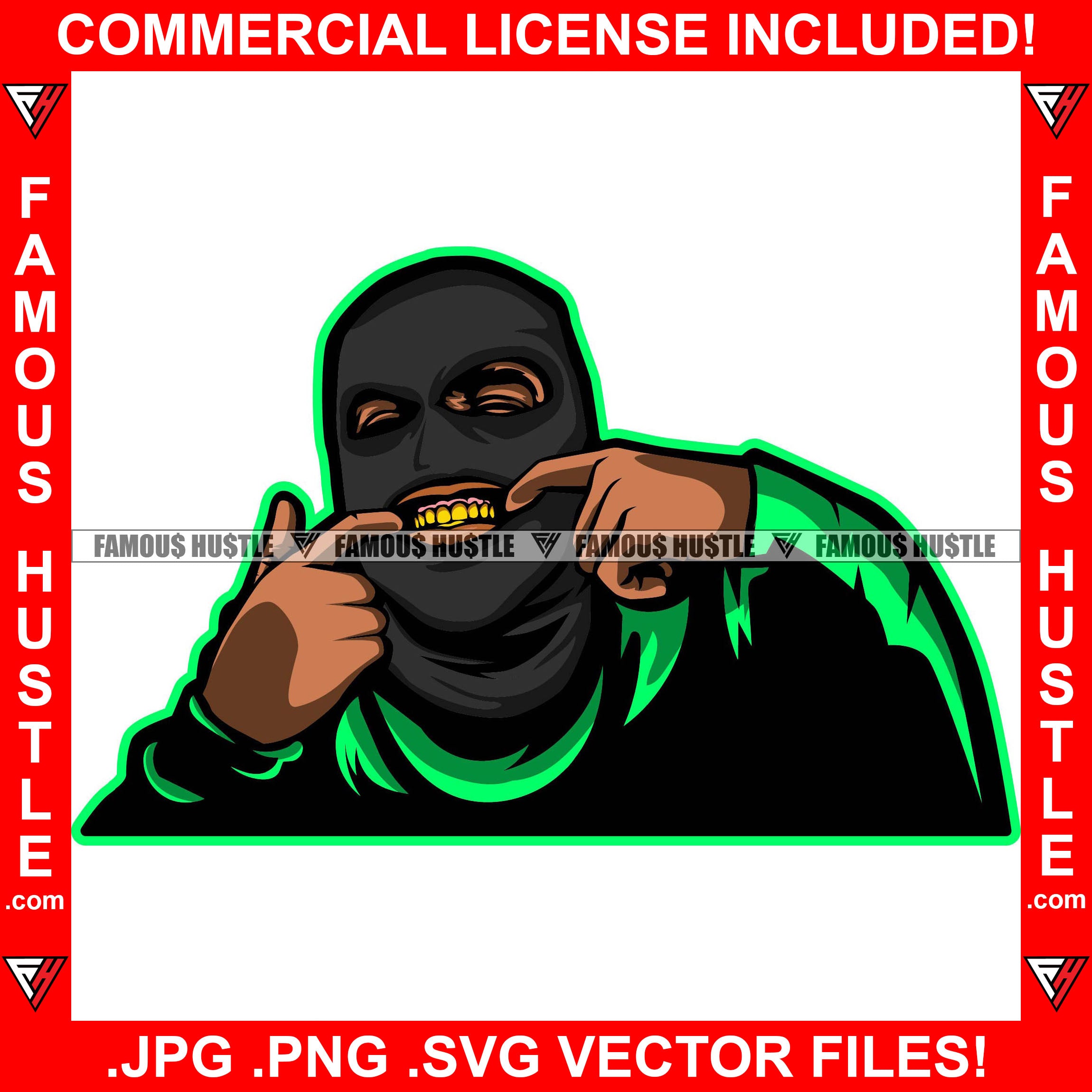 Gangster Wearing Black Green Ski Mask Fingers In Mouth Showing Gold Teeth Grill Gang Member Tattoos Hip Hop Rap Plug Trap Street Hood Ghetto Swag Thug Hustler Boss Famous Rich Art Graphic Design Logo T-Shirt Print Printing JPG PNG SVG Vector Cut File