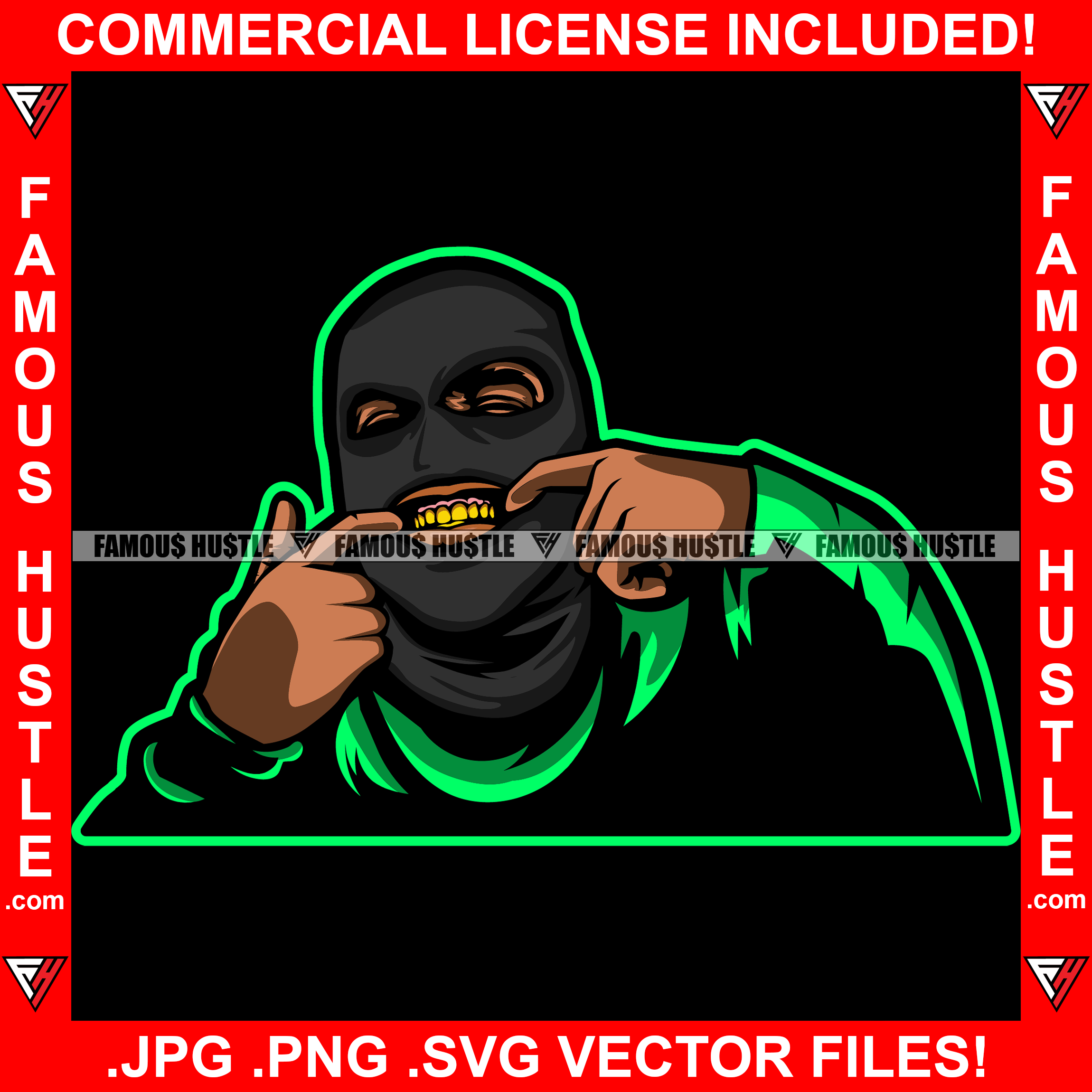 Gangster Wearing Black Green Ski Mask Fingers In Mouth Showing Gold Teeth Grill Gang Member Tattoos Hip Hop Rap Plug Trap Street Hood Ghetto Swag Thug Hustler Boss Famous Rich Art Graphic Design Logo T-Shirt Print Printing JPG PNG SVG Vector Cut File