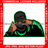 Gangster Wearing Black Green Ski Mask Fingers In Mouth Showing Gold Teeth Grill Gang Member Tattoos Hip Hop Rap Plug Trap Street Hood Ghetto Swag Thug Hustler Boss Famous Rich Art Graphic Design Logo T-Shirt Print Printing JPG PNG SVG Vector Cut File