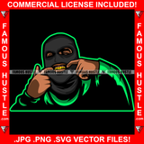 Gangster Wearing Black Green Ski Mask Fingers In Mouth Showing Gold Teeth Grill Gang Member Tattoos Hip Hop Rap Plug Trap Street Hood Ghetto Swag Thug Hustler Boss Famous Rich Art Graphic Design Logo T-Shirt Print Printing JPG PNG SVG Vector Cut File