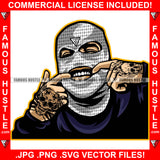 Famous Hustle Gangster Black Man Wearing White Ski Mask Fingers In Mouth Showing Grill Tattoos Hip Hop Rap Rapper Plug Trap Street Ghetto Swag Thug Hustler Boss Rich Art Graphic Design Logo T-Shirt Print Printing JPG PNG SVG Vector Cut File