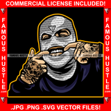Famous Hustle Gangster Black Man Wearing White Ski Mask Fingers In Mouth Showing Grill Tattoos Hip Hop Rap Rapper Plug Trap Street Ghetto Swag Thug Hustler Boss Rich Art Graphic Design Logo T-Shirt Print Printing JPG PNG SVG Vector Cut File