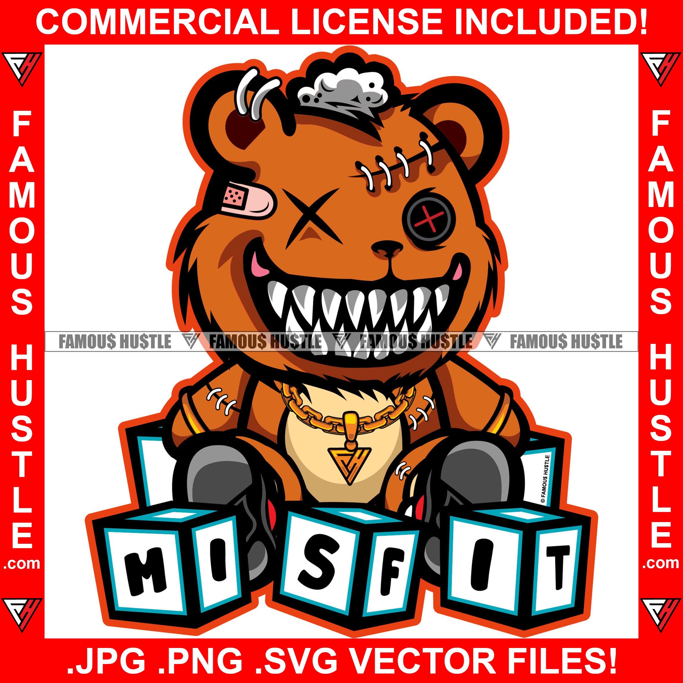 Hustle Orange Horror Female Teddy Bear Missing Button Eye Bandage Woman Gold Jewelry Lady Sharp Teeth Girl Children Blocks Hip Hop Rap Trap Street Hustler Famous Hustle Quote Art Graphic Design Logo T-Shirt Print Printing JPG PNG SVG Vector Cut File