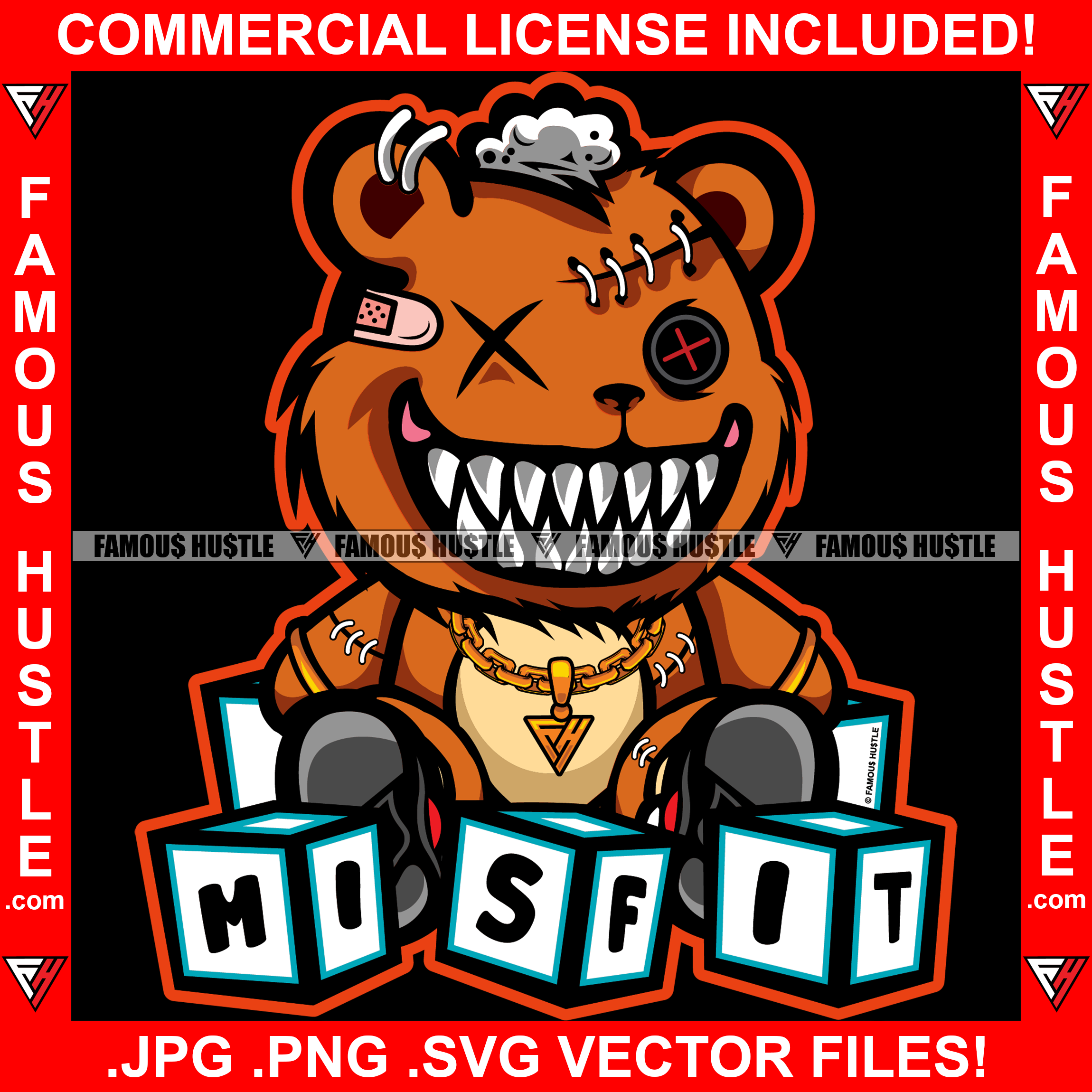 Hustle Orange Horror Female Teddy Bear Missing Button Eye Bandage Woman Gold Jewelry Lady Sharp Teeth Girl Children Blocks Hip Hop Rap Trap Street Hustler Famous Hustle Quote Art Graphic Design Logo T-Shirt Print Printing JPG PNG SVG Vector Cut File