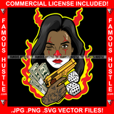 Sexy Lady Joker Face Fire Gold Gun Dice Cash Money Bundles Tattoo Hip Hop Rap Plug Trap Street Hood Ghetto Hustler Hustling Drip Rich Thug Famous Hustle Art Graphic Design Logo Print Printing Vector SVG Cut File