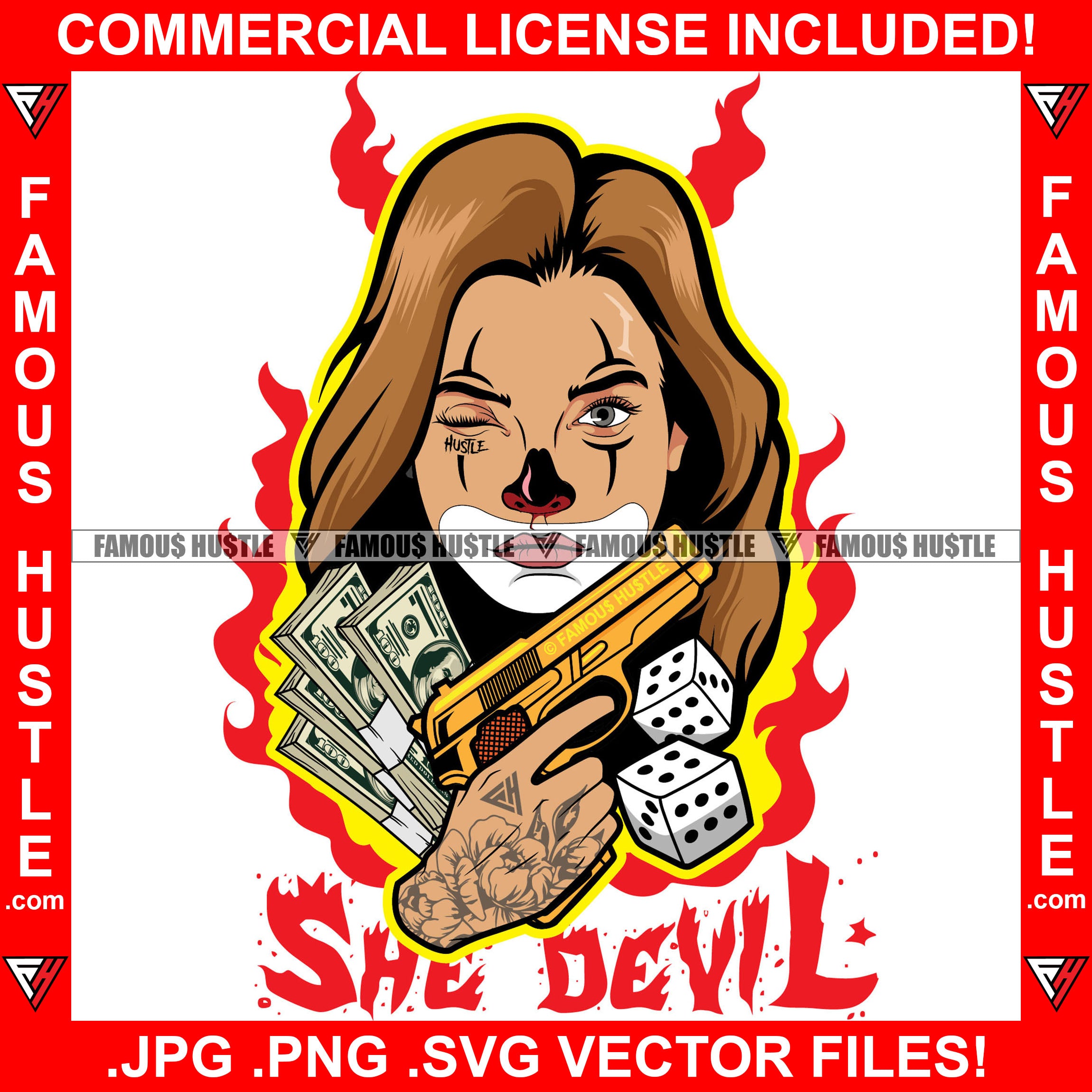 She Devil Sexy Lady Joker Face Fire Gold Gun Dice Cash Money Bundles T –  famoushustle