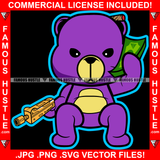 Gangster Purple Teddy Bear Cash Stack Cigar Holding Cell Phone Money Bags Gold Gun Ghetto Home Hood Hip Hop Rap Rapper Trap Street Hood Ghetto Trapper Art Graphic Design Logo T-Shirt Print Printing JPG PNG SVG Vector Cut File