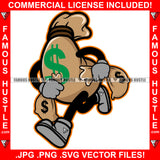 Runnin The Streets Famous Hustle Money Bag Gangster Cartoon Character Dollar Sign Cash Bags Hip Hop Rap Rapper Plug Trap Street Hood Ghetto Swag Thug Hustler Hustling Art Graphic Design Logo T-Shirt Print Printing JPG PNG SVG Vector Cut File