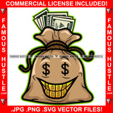 Selfmade Gangster Money Bag Cartoon Character Dollar Sign Eyes Gold Teeth Hip Hop Rap Plug Trap Hood Ghetto Swag Thug Hustler Hustling Famous Hustle Baller Trapper Art Graphic Design Logo T-Shirt Print Printing JPG PNG SVG Vector Cut File