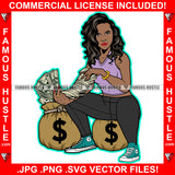 Big Dreams Sexy Gangster Black Lady Female Spreading Cash Stack Spread Arm Money Bags Gold Jewelry Tattoo Hip Hop Rap Plug Trap Street Ghetto Hustler Hustling Drip Rich Thug Famous Hustle Art Graphic Design Logo Print Printing Vector SVG Cut File