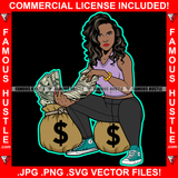 Big Dreams Sexy Gangster Black Lady Female Spreading Cash Stack Spread Arm Money Bags Gold Jewelry Tattoo Hip Hop Rap Plug Trap Street Ghetto Hustler Hustling Drip Rich Thug Famous Hustle Art Graphic Design Logo Print Printing Vector SVG Cut File