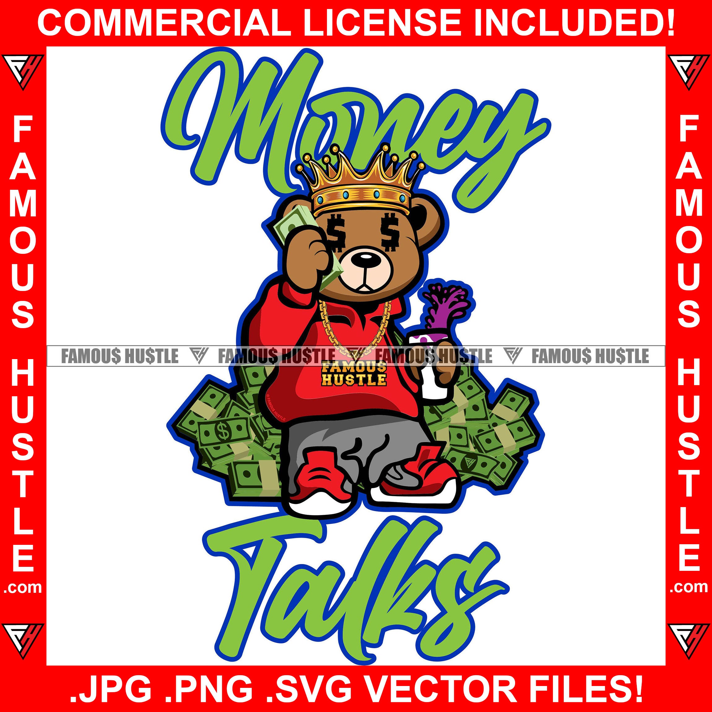 Money Talks Gangster Teddy Bear Talking On Cash Money Cell Phone Drinking Purple Drink Lean Hip Hop Rap Rapper Trap Street Hood Ghetto Swag Thug Hustler Hustling Flex Drip Boss Famous Hustle Quote Art Graphic Design Print Printing Vector SVG Cut File