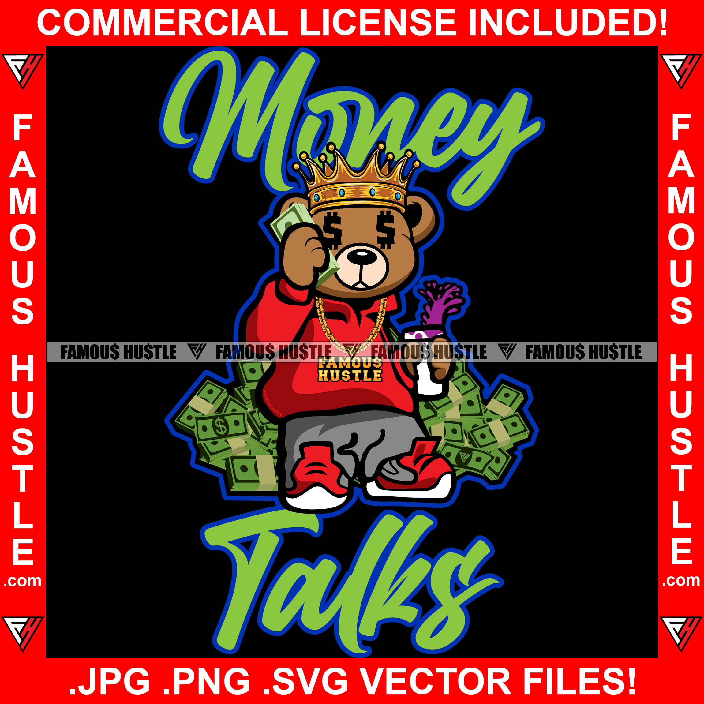 Money Talks Gangster Teddy Bear Talking On Cash Money Cell Phone Drinking Purple Drink Lean Hip Hop Rap Rapper Trap Street Hood Ghetto Swag Thug Hustler Hustling Flex Drip Boss Famous Hustle Quote Art Graphic Design Print Printing Vector SVG Cut File