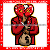 Hustle Dripping Broken Red Heart Cartoon Character Stitched Eyes Staples Bandages Stuff Coming Out Cash Hand Money Bag Tattoo Hip Hop Street Hood Ghetto Swag Art Graphic Design Logo T-Shirt Print Printing JPG PNG SVG Vector Cut File