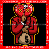 Hustle Dripping Broken Red Heart Cartoon Character Stitched Eyes Staples Bandages Stuff Coming Out Cash Hand Money Bag Tattoo Hip Hop Street Hood Ghetto Swag Art Graphic Design Logo T-Shirt Print Printing JPG PNG SVG Vector Cut File